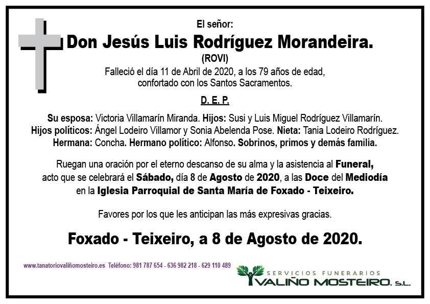 Esquela de Jesús Luis Rodríguez Morandeira.